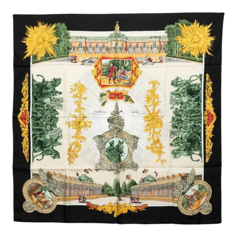 Hermes Carre 90 Sanssouci Palace Scarf/Muffler, Black Multicolor Silk, Women's